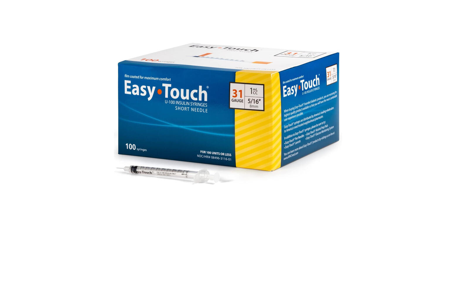 (100 units or less) Easy Touch U-100 Syringe with Needle, 31G 1cc 5/16-Inch
